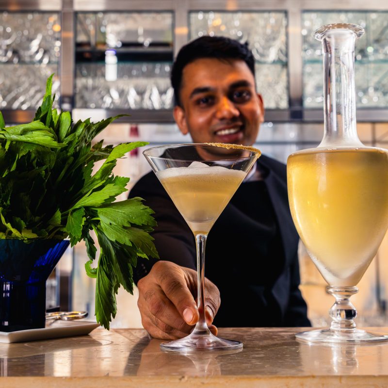 Award-winning mocktail mixologist Robi Ratan presenting a signature no-alcohol drink at IDAM by Alain Ducasse in Doha