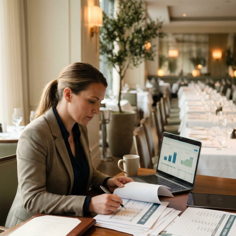 Restaurant manager analysing sales and staffing figures in an empty banquet dining room before service