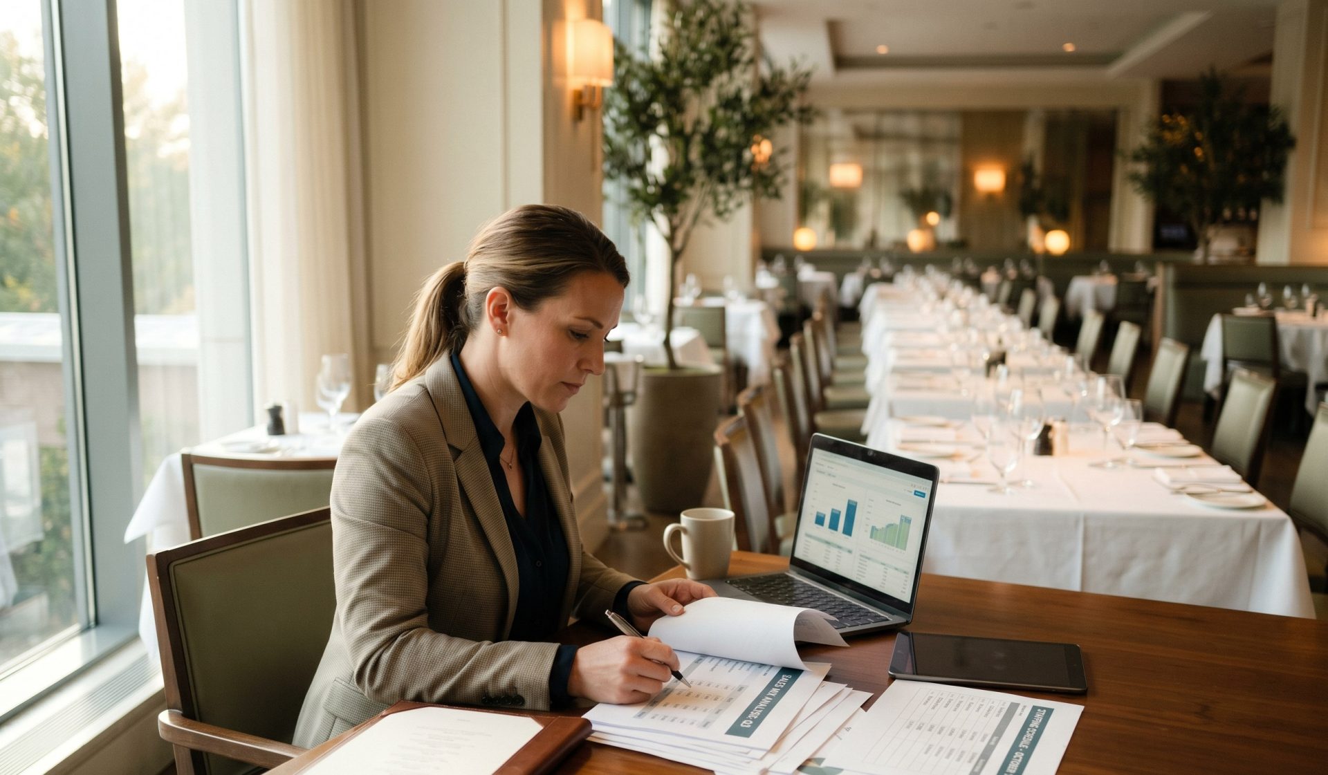 Restaurant manager analysing sales and staffing figures in an empty banquet dining room before service