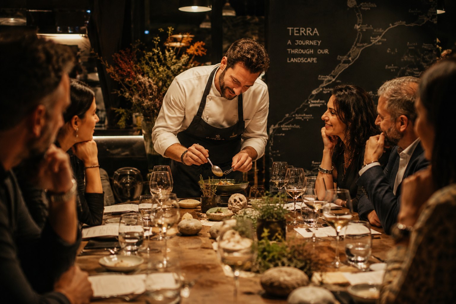 Chef-table dinner experience with intimate guest engagement, Terra map backdrop