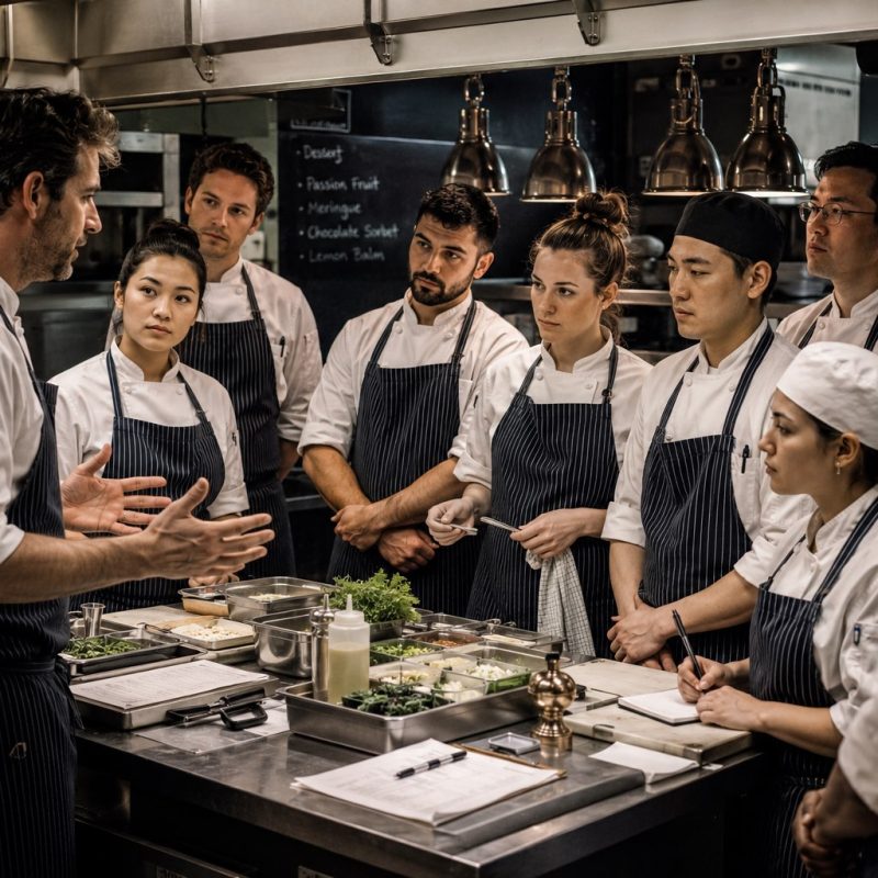 Restaurant kitchen team in pre-service briefing under heat lamps
