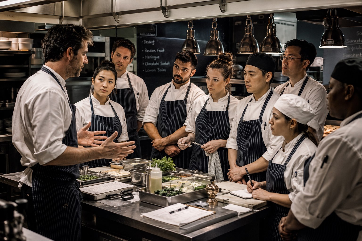Restaurant kitchen team in pre-service briefing under heat lamps