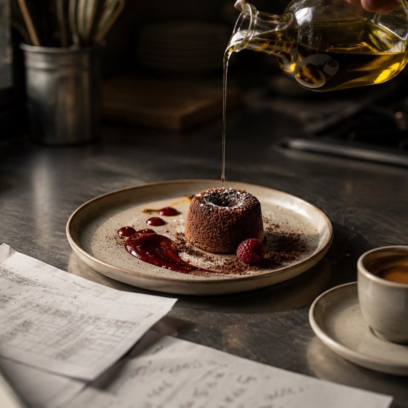 Chef pouring olive oil beside a plated chocolate dessert and two espresso cups on a marble prep counter — three commodity-shock ingredients in one frame