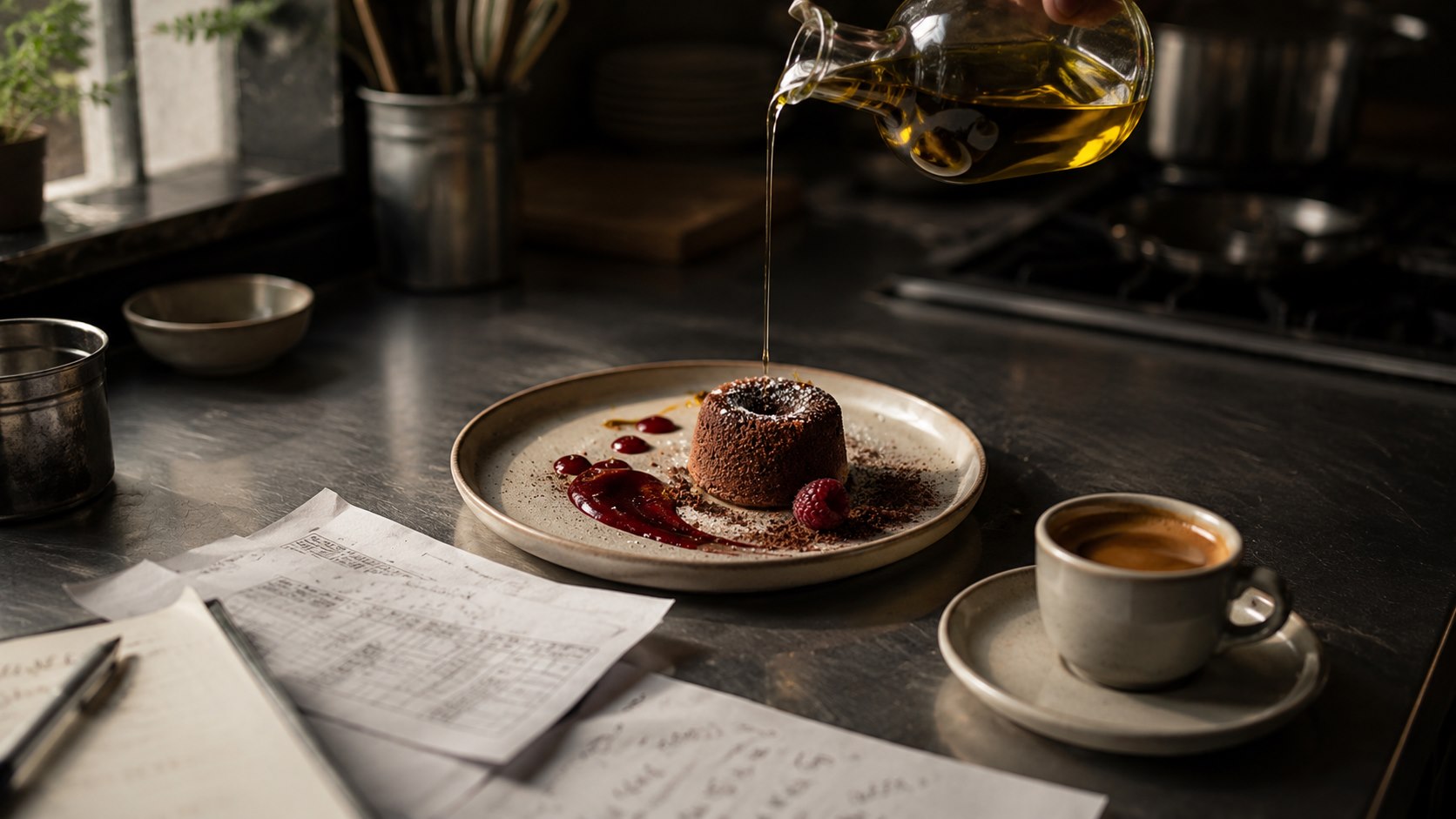 Chef pouring olive oil beside a plated chocolate dessert and two espresso cups on a marble prep counter — three commodity-shock ingredients in one frame