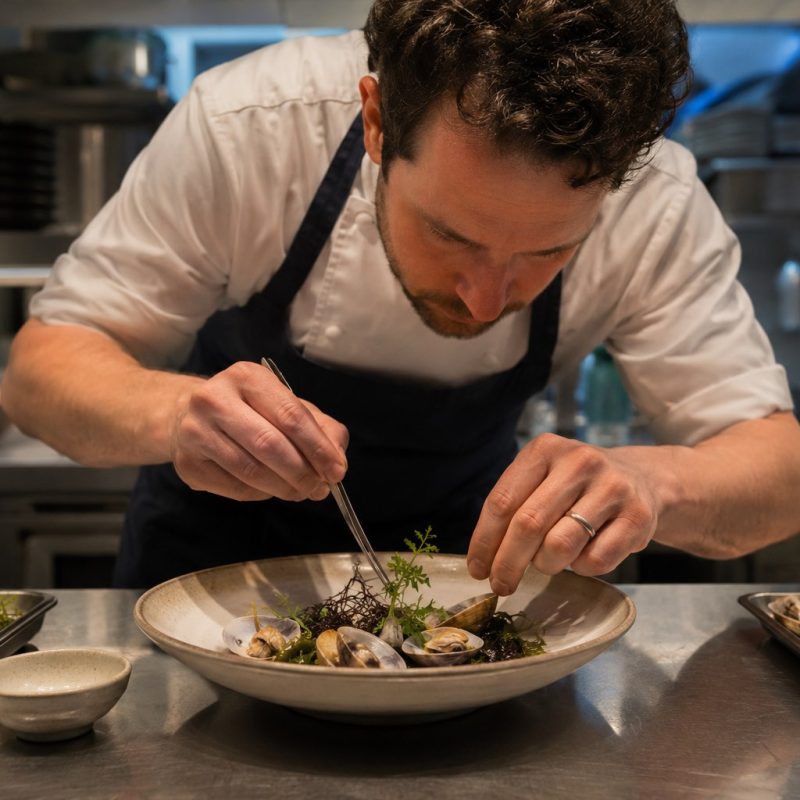Chef plating shellfish and sea vegetables in a modern restaurant kitchen