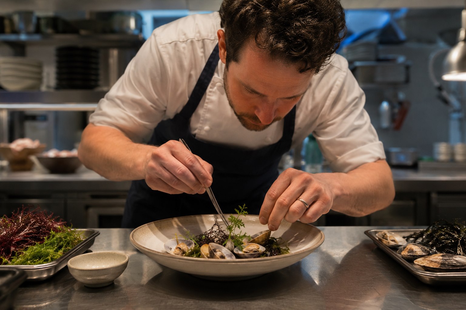 Chef plating shellfish and sea vegetables in a modern restaurant kitchen