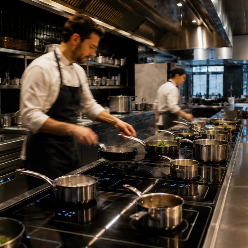 Chef working on a modern induction line in a luxury restaurant kitchen