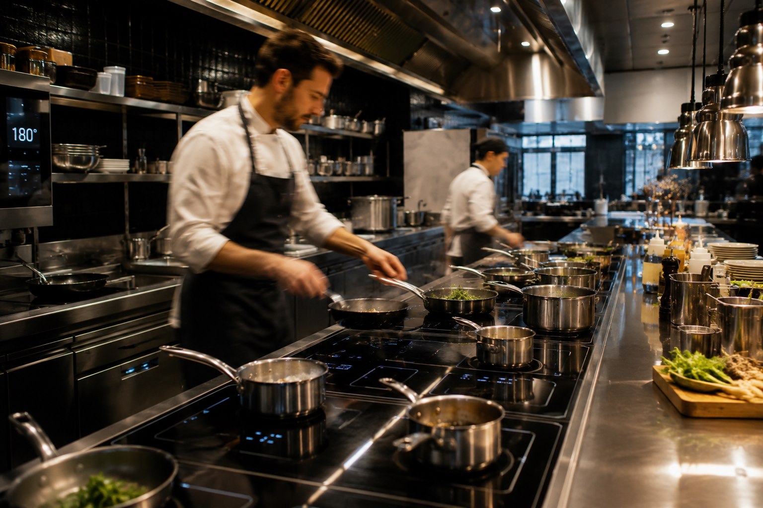 Chef working on a modern induction line in a luxury restaurant kitchen