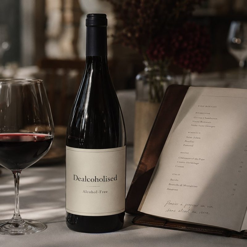 Dealcoholised wine bottle with clear EU-compliant label beside a poured wine glass and an open restaurant wine list with handwritten notes