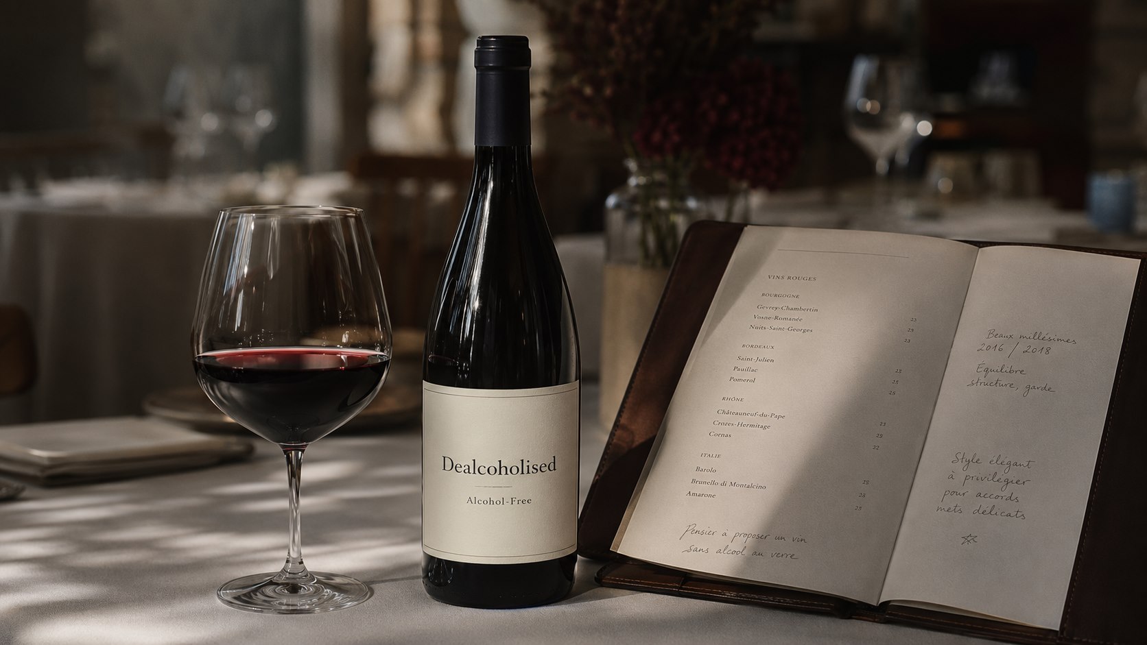Dealcoholised wine bottle with clear EU-compliant label beside a poured wine glass and an open restaurant wine list with handwritten notes