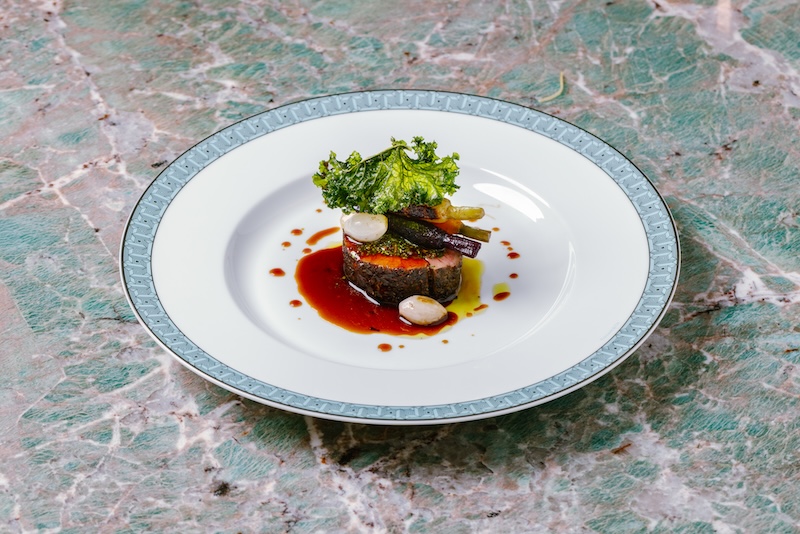 Grilled prime Argentinian Angus beef tenderloin on Tiffany Blue marble at the Blue Box CafxC3xA9 Hong Kong.