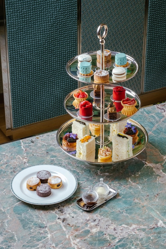 Three-tier Tiffany afternoon tea tower with pastries and savouries.