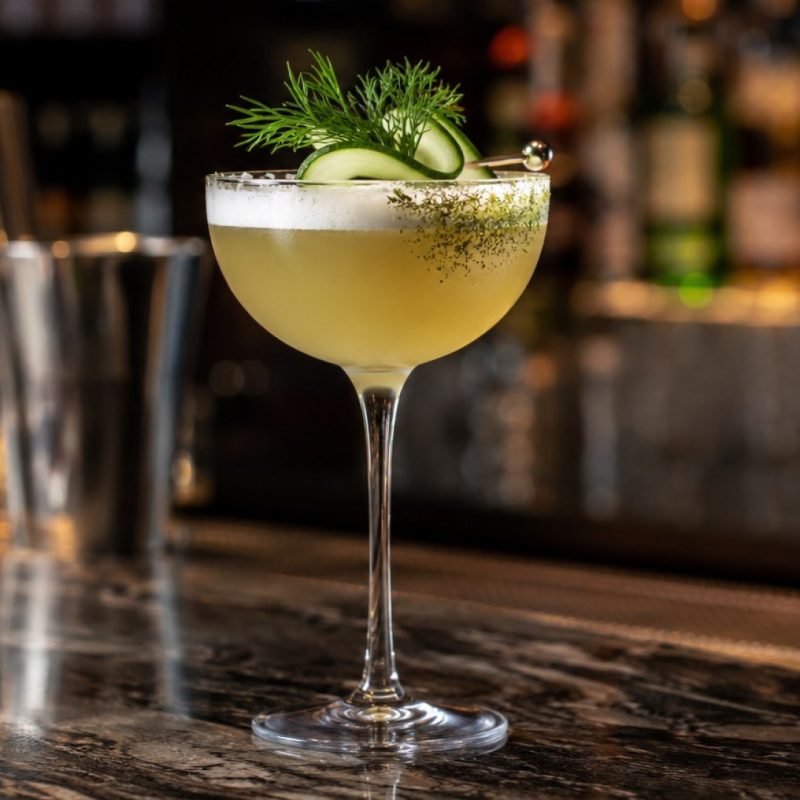 Savoury cocktail with cucumber and dill garnish at a modern luxury bar
