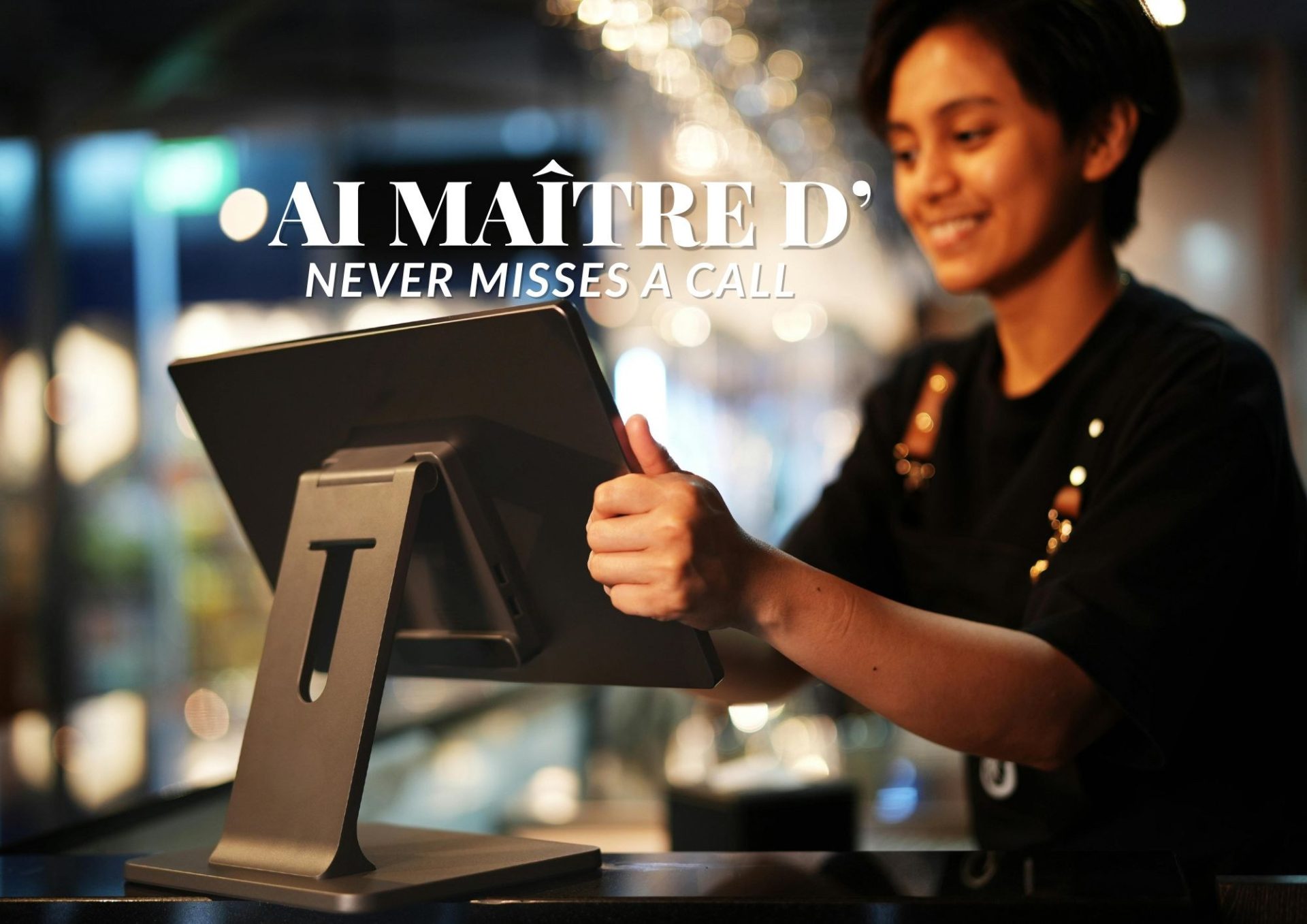 A host at the front-of-house screen during evening service: the AI Maître D’ never misses a call