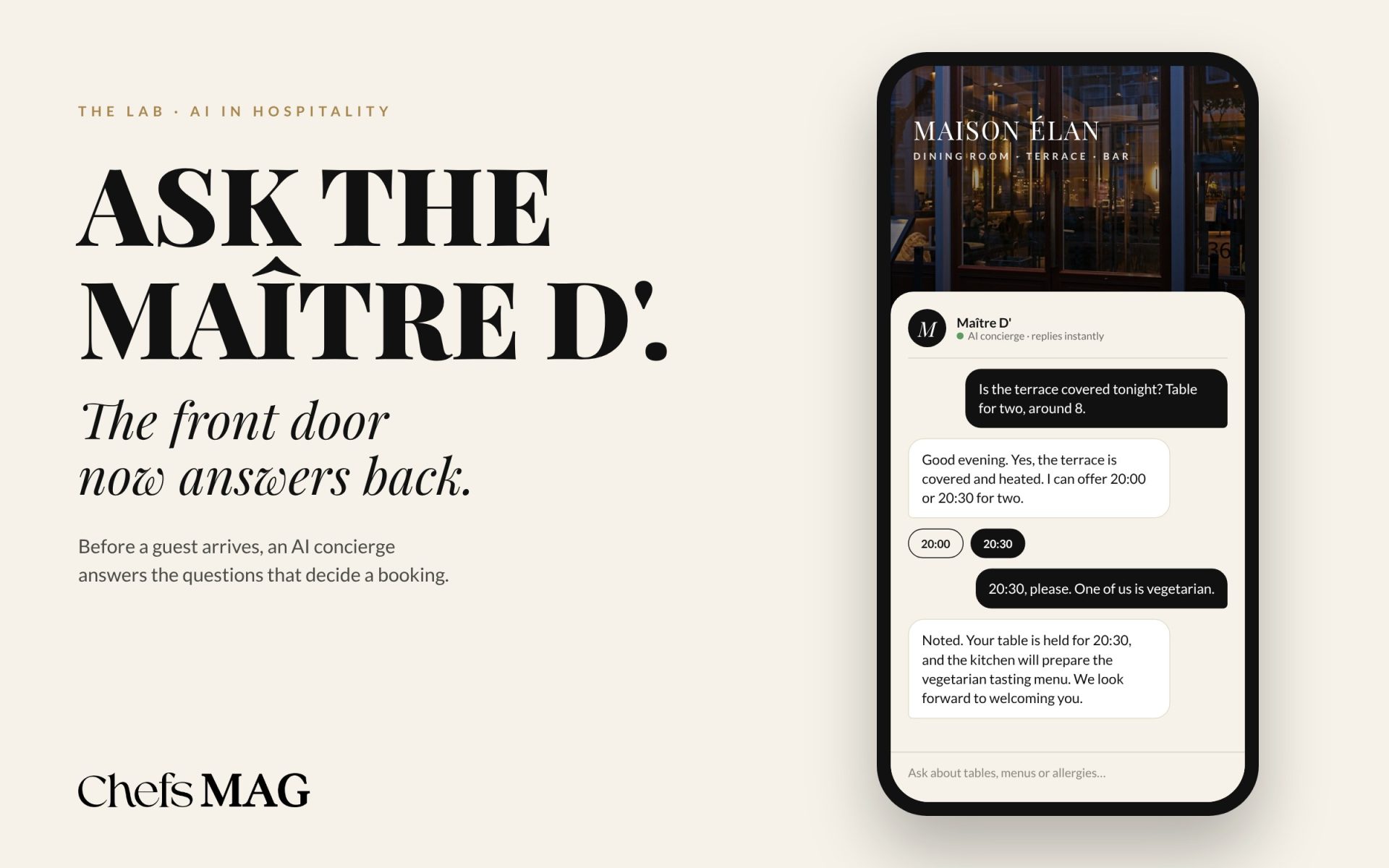 A phone showing a restaurant AI concierge chat: a guest asks about the terrace and the Maître D’ holds a table for 20:30